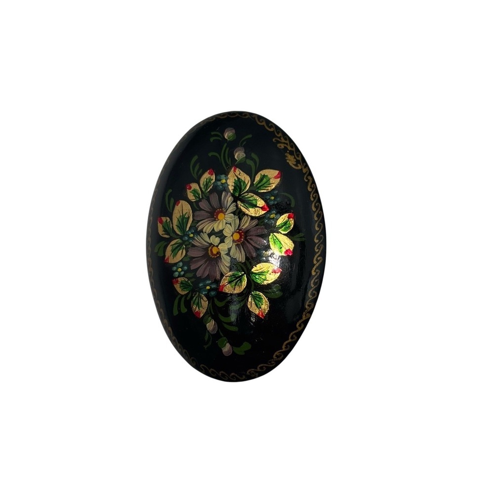 Vintage Russian Hand Painted Wooden Black Lacquer Floral Oval Brooch Pin